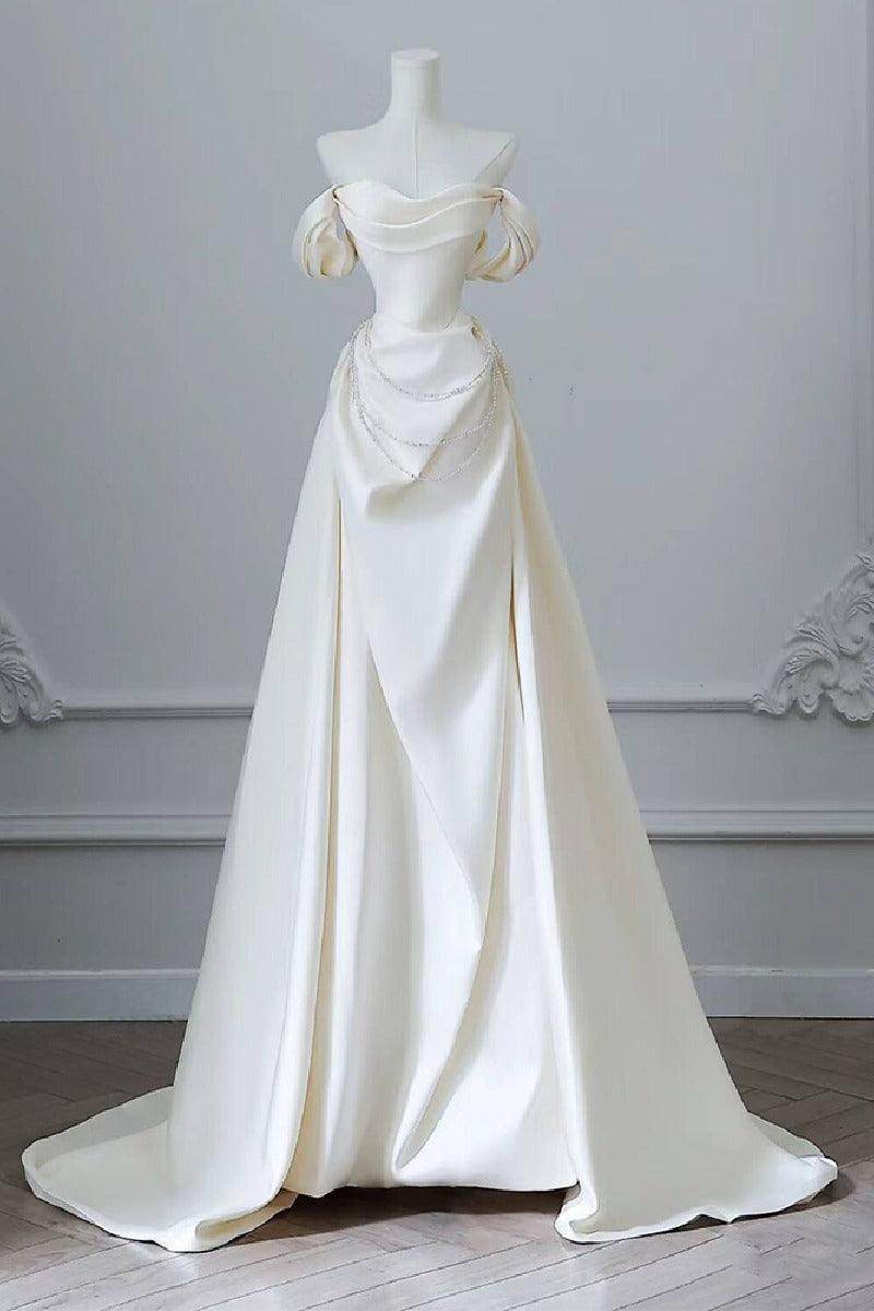 A-Line Sweep-Brush Train Satin Wedding Dress 827070473269 - COCOMELODY
